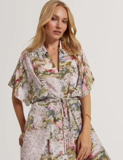 Floral Tie Waist Midi Shirt Dress