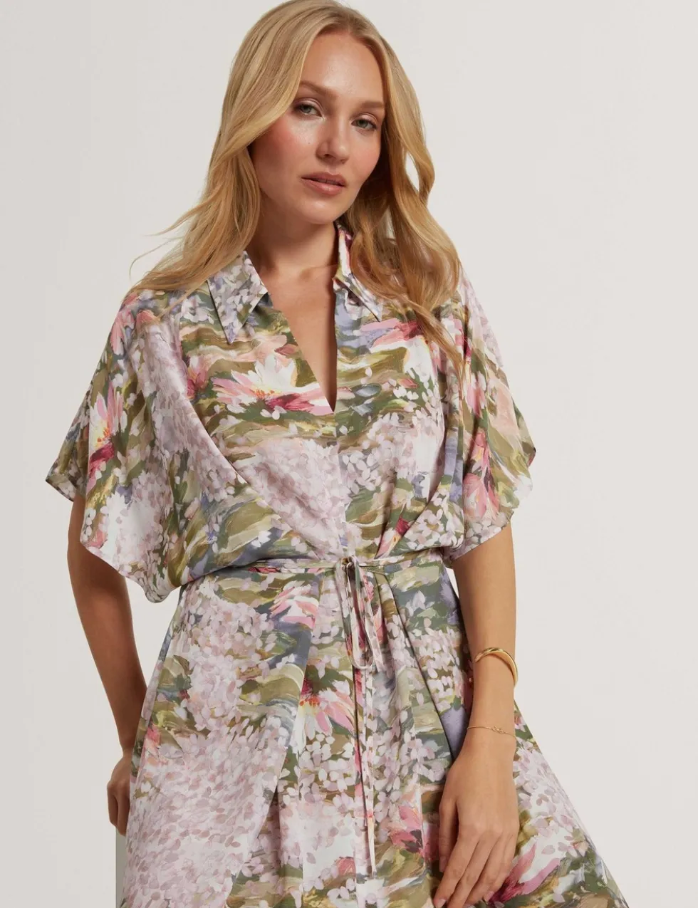 Floral Tie Waist Midi Shirt Dress