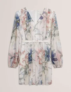 Floral Tie Waist Pleated Mini Smock Dress