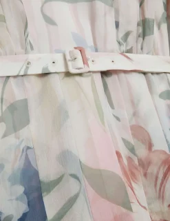 Floral Tie Waist Pleated Mini Smock Dress