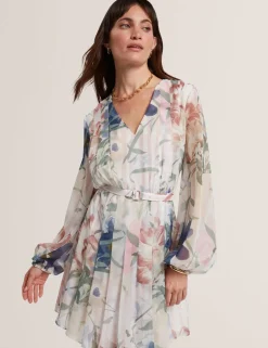 Floral Tie Waist Pleated Mini Smock Dress