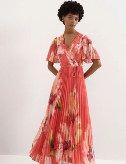 Floral V-Neck Angel Sleeve Maxi Skater Dress