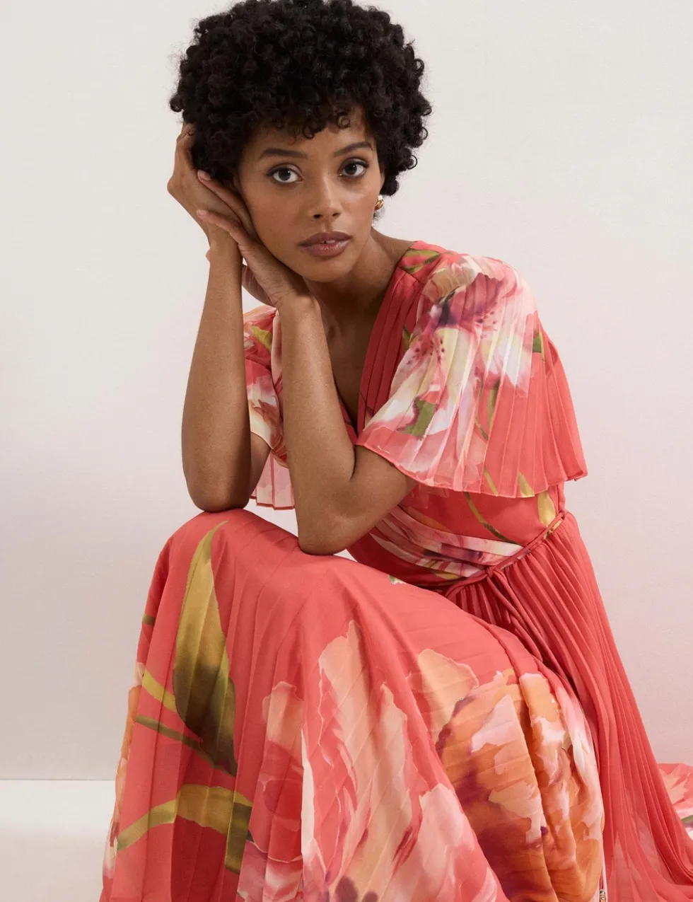 Floral V-Neck Angel Sleeve Maxi Skater Dress