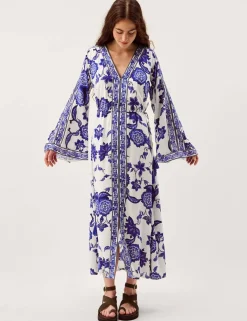 Floral V-Neck Angel Sleeve Maxi Beach Dress