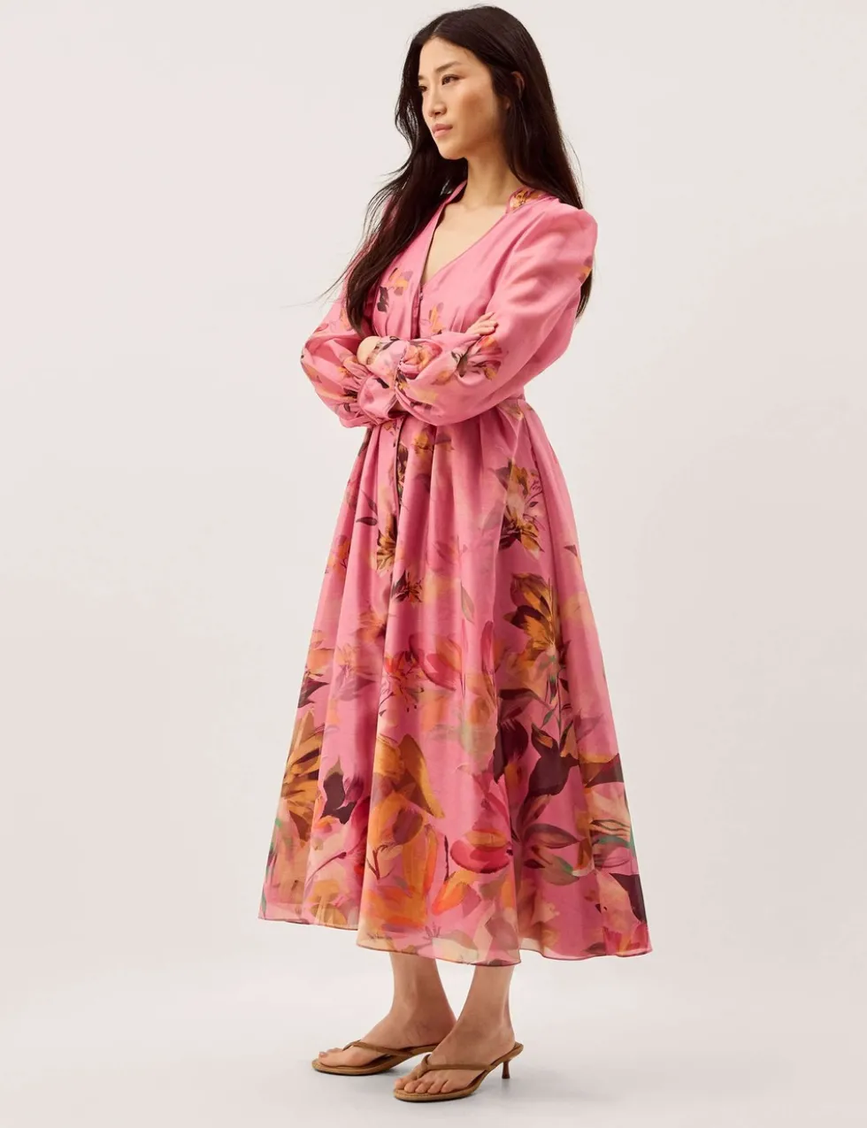 Floral V-Neck Belted Midi Waisted Dress