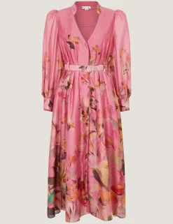 Floral V-Neck Belted Midi Waisted Dress