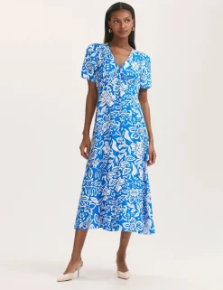Floral V-Neck Button Through Midi Tea Dress