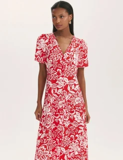 Floral V-Neck Button Through Midi Tea Dress