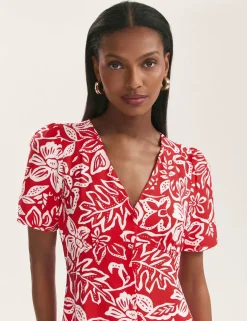 Floral V-Neck Button Through Midi Tea Dress