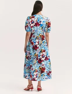 Floral V-Neck Button Through Midi Tea Dress
