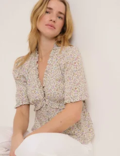 Floral V-Neck Frill Detail Blouse