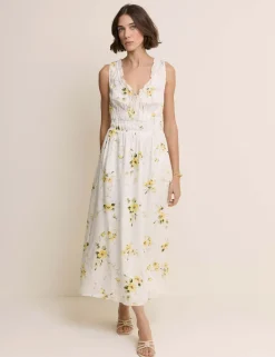 Floral V-Neck Lace Trim Midi Waisted Dress