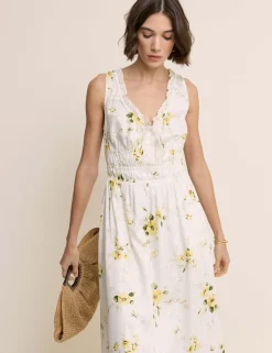 Floral V-Neck Lace Trim Midi Waisted Dress