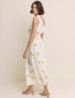 Floral V-Neck Lace Trim Midi Waisted Dress