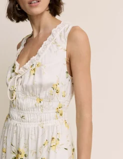 Floral V-Neck Lace Trim Midi Waisted Dress