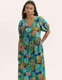 Floral V-Neck Midi Smock Dress