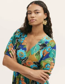 Floral V-Neck Midi Smock Dress