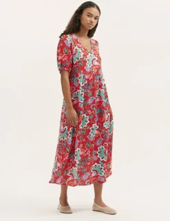Floral V-Neck Midi Smock Dress