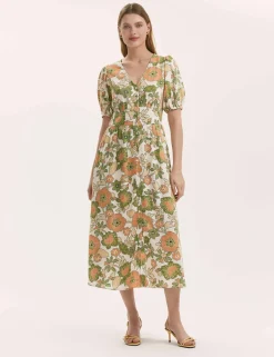 Floral V-Neck Midi Tea Dress With Linen