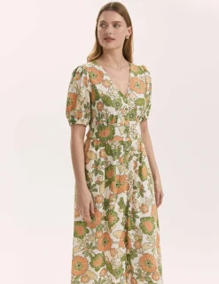 Floral V-Neck Midi Tea Dress With Linen