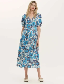 Floral V-Neck Midi Tea Dress With Linen
