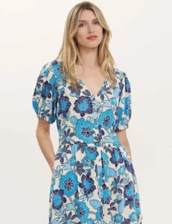 Floral V-Neck Midi Tea Dress With Linen