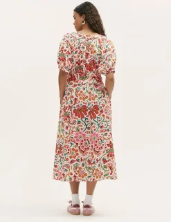 Floral V-Neck Midi Waisted Dress