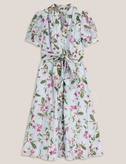 Floral V-Neck Midi Waisted Dress with Linen