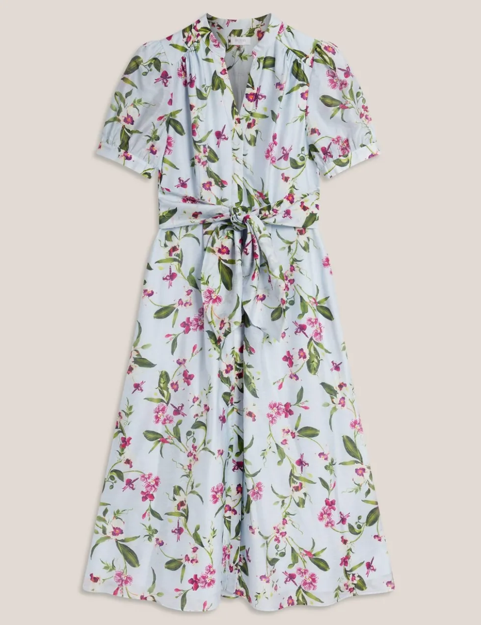 Floral V-Neck Midi Waisted Dress with Linen