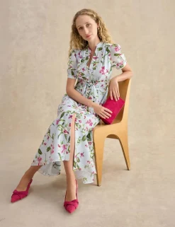 Floral V-Neck Midi Waisted Dress with Linen