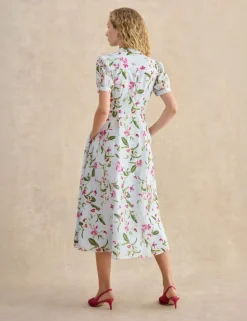 Floral V-Neck Midi Waisted Dress with Linen
