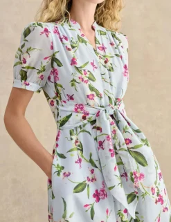 Floral V-Neck Midi Waisted Dress with Linen