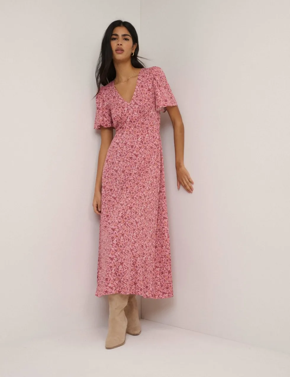 Floral V-Neck Midi Waisted Tea Dress