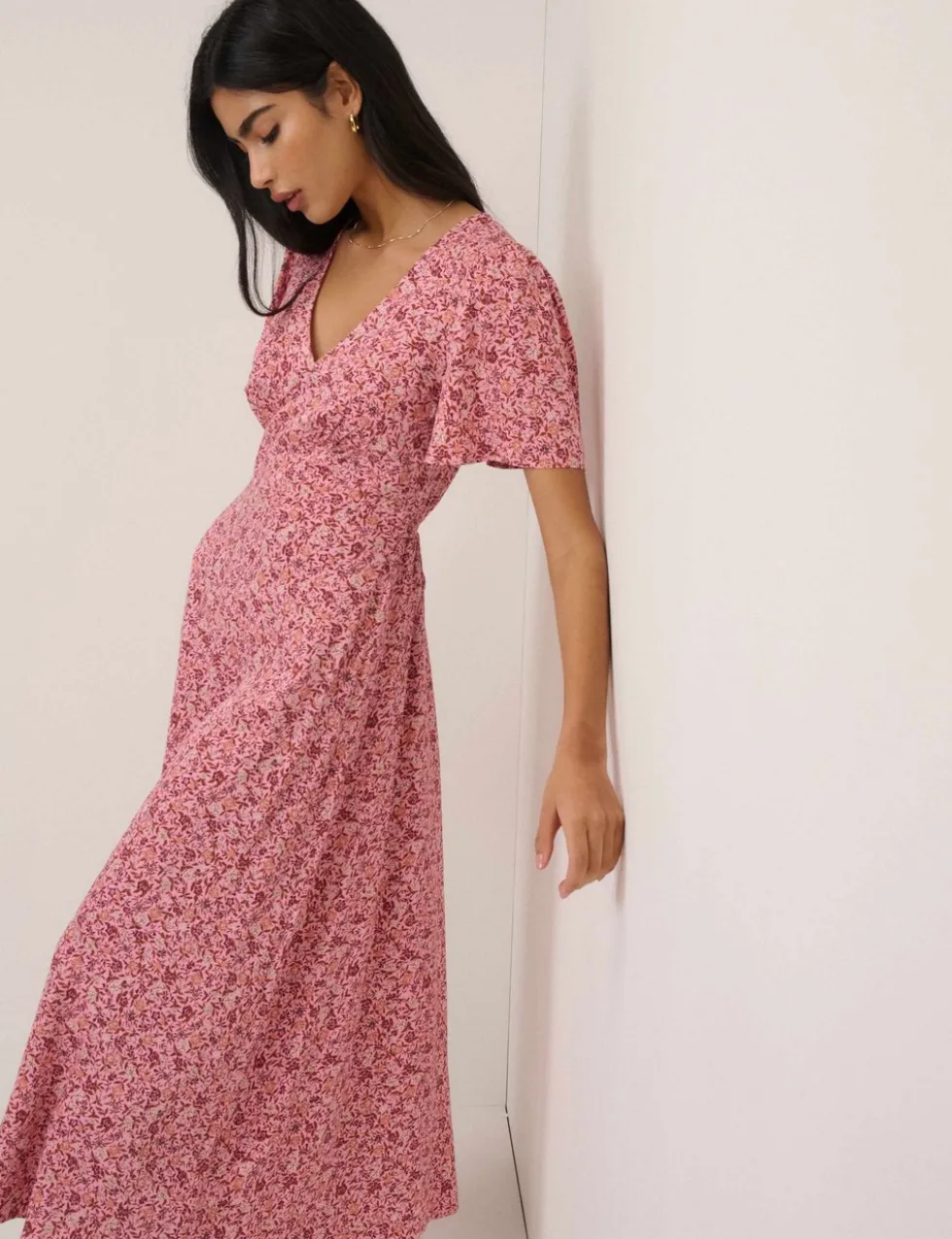 Floral V-Neck Midi Waisted Tea Dress