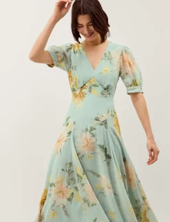 Floral V-Neck Midi Waisted Dress