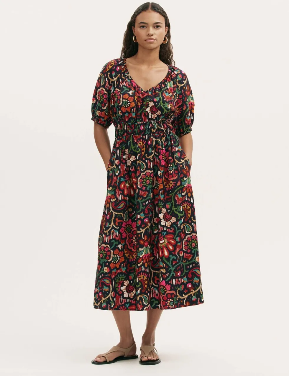 Floral V-Neck Midi Waisted Dress