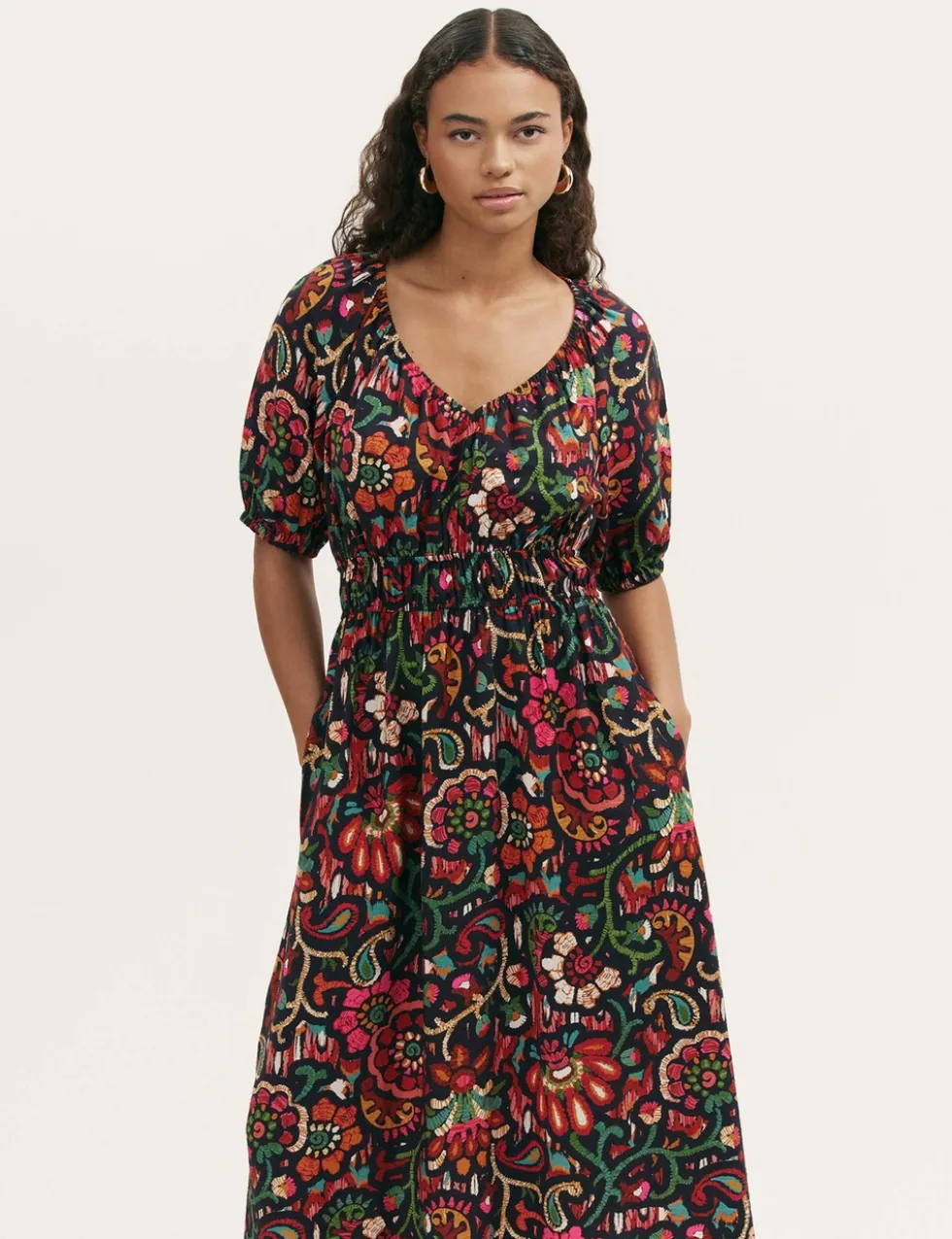 Floral V-Neck Midi Waisted Dress