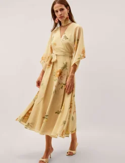 Floral V-Neck Midi Wrap Dress