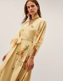 Floral V-Neck Midi Wrap Dress