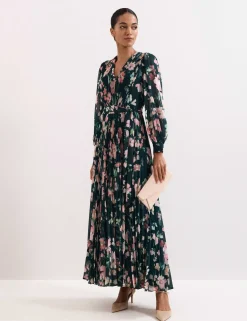 Floral V-Neck Pleated Maxi Tea Dress