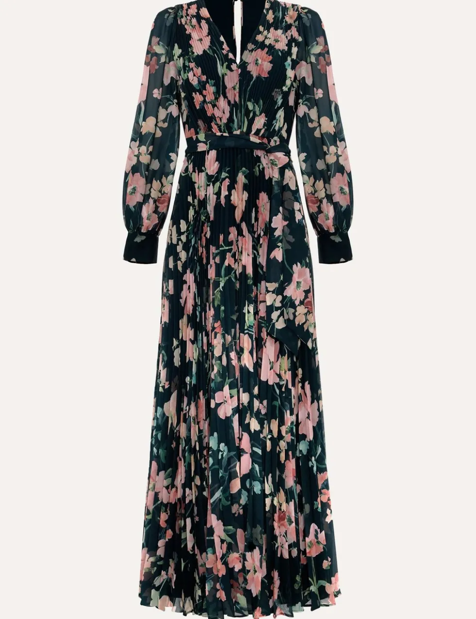 Floral V-Neck Pleated Maxi Tea Dress