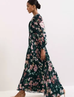 Floral V-Neck Pleated Maxi Tea Dress