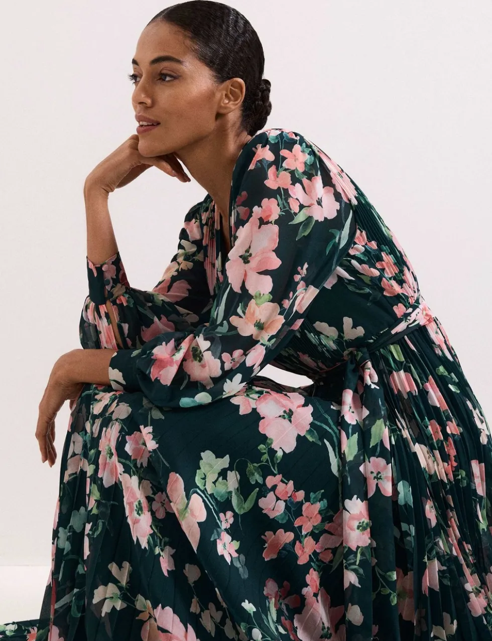 Floral V-Neck Pleated Maxi Tea Dress