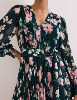 Floral V-Neck Pleated Maxi Tea Dress