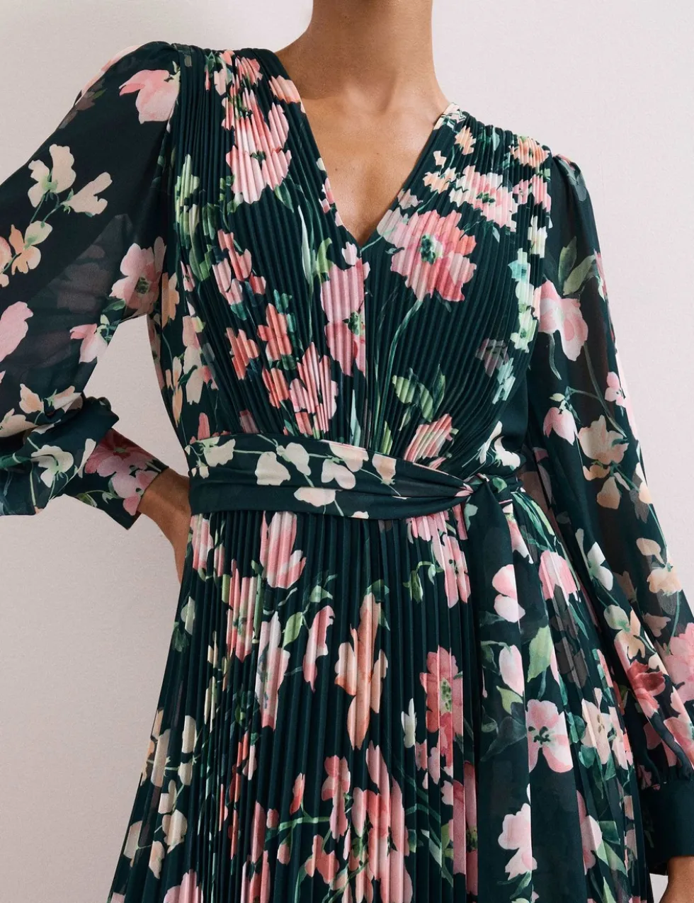 Floral V-Neck Pleated Maxi Tea Dress