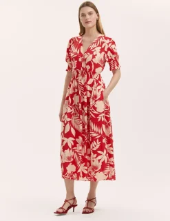 Floral V-Neck Puff Sleeve Midi Waisted Dress