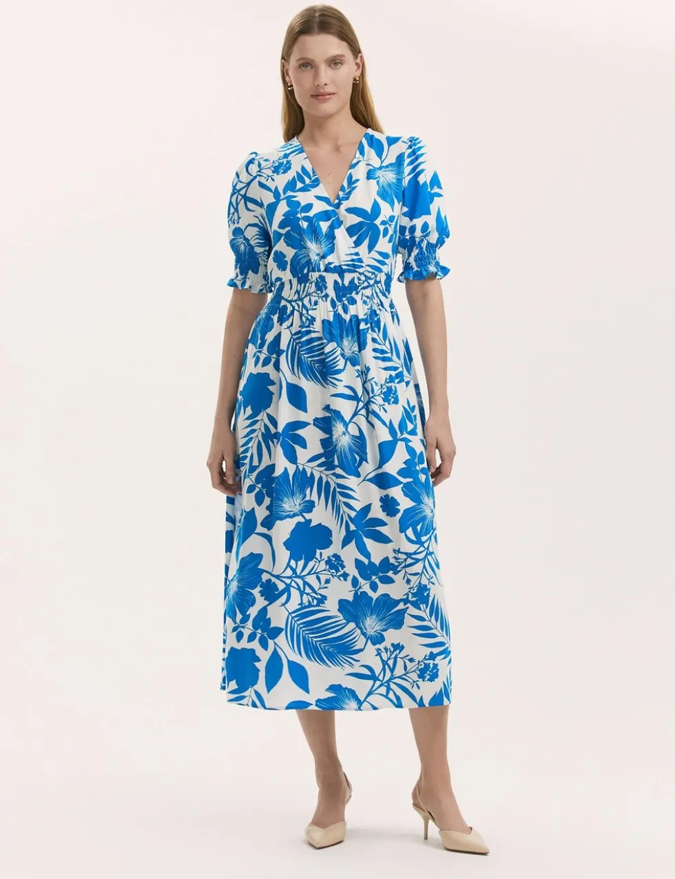 Floral V-Neck Puff Sleeve Midi Waisted Dress
