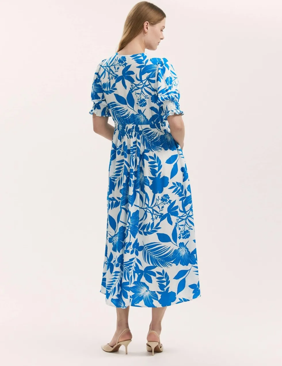 Floral V-Neck Puff Sleeve Midi Waisted Dress