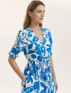 Floral V-Neck Puff Sleeve Midi Waisted Dress