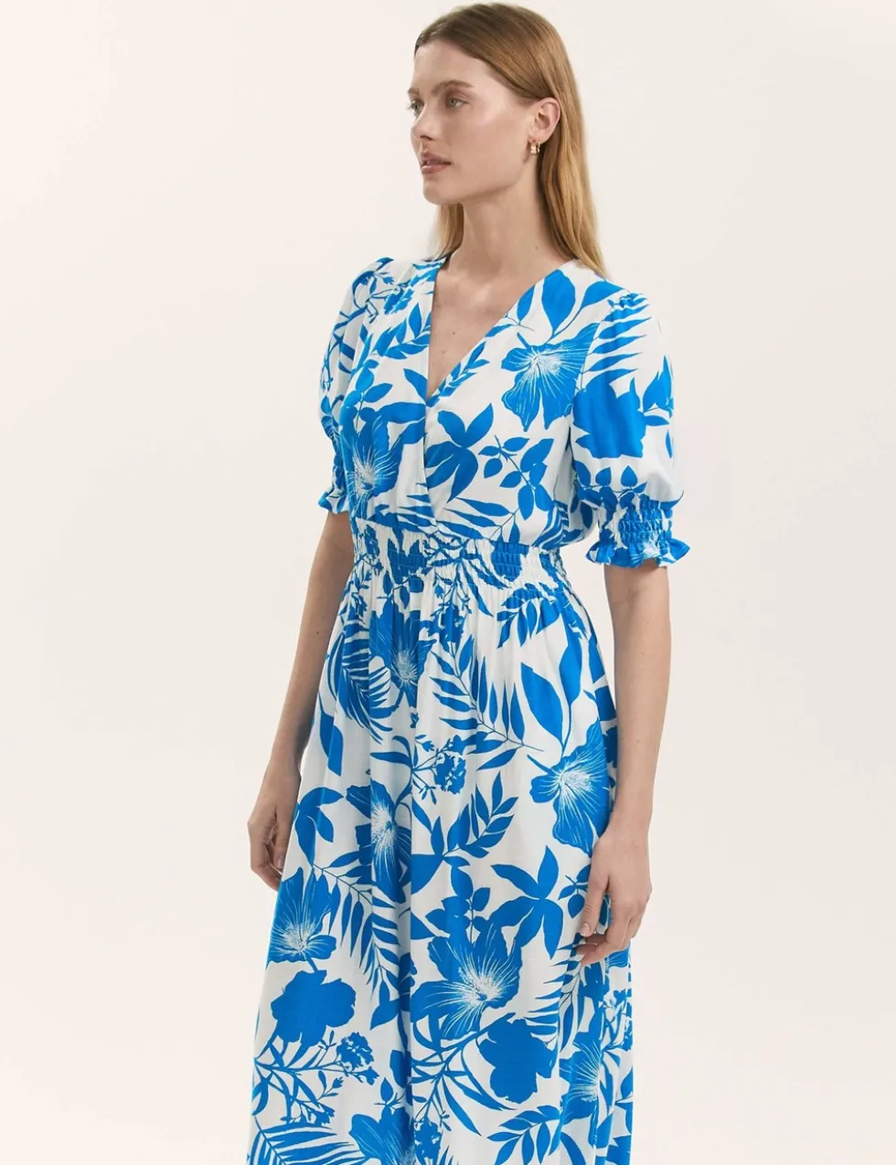 Floral V-Neck Puff Sleeve Midi Waisted Dress
